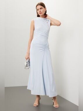 Sleeveless Light Blue Maxi Dress with Ruched Waist